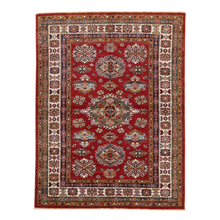 4'2" x 5'6" RED AND IVORY KAZAK GEOMETRIC PAKISTANI RUG