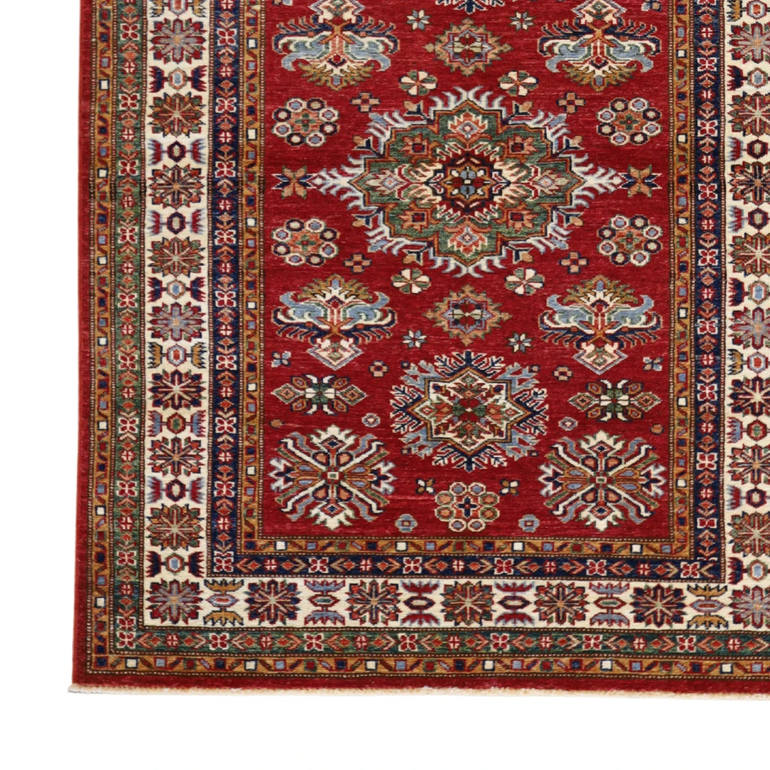 4'2" x 5'6" RED AND IVORY KAZAK GEOMETRIC PAKISTANI RUG