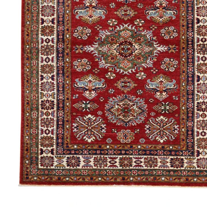 4'2" x 5'6" RED AND IVORY KAZAK GEOMETRIC PAKISTANI RUG