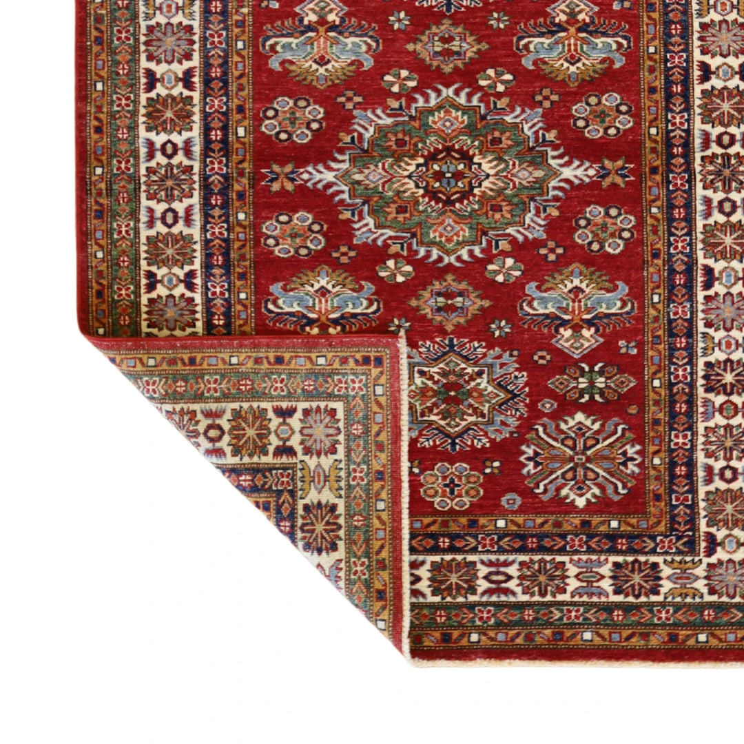 4'2" x 5'6" RED AND IVORY KAZAK GEOMETRIC PAKISTANI RUG