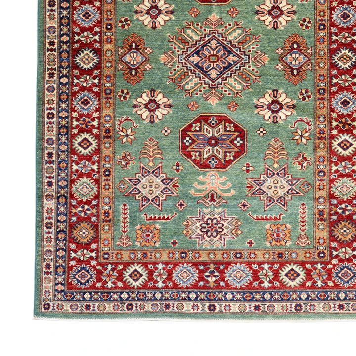 4'2" x 5'11" GREEN AND RED KAZAK GEOMETRIC PAKISTANI RUG
