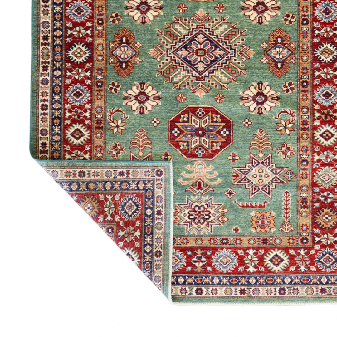 4'2" x 5'11" GREEN AND RED KAZAK GEOMETRIC PAKISTANI RUG
