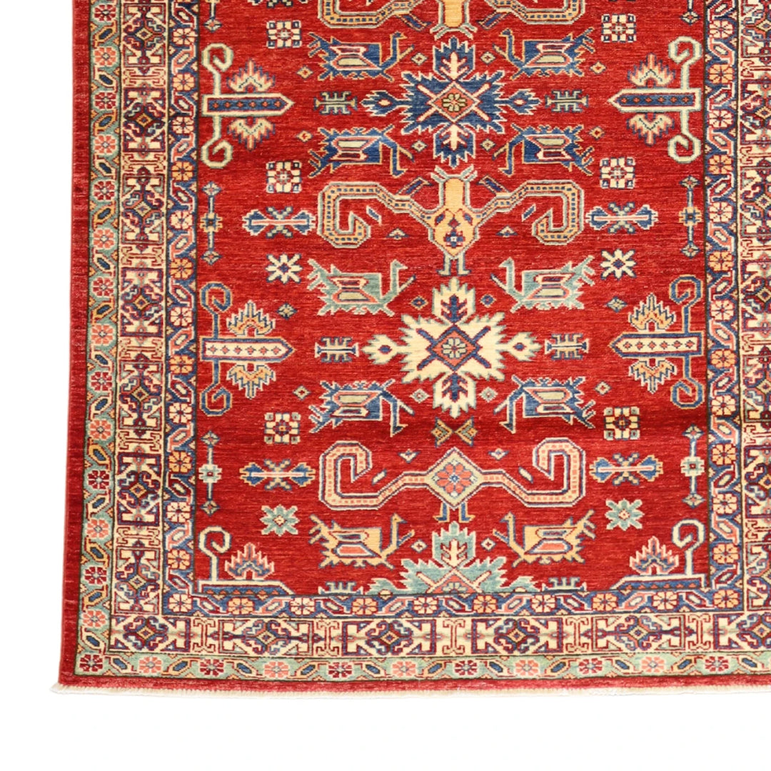 4'1" x 6'1" RED AND GREEN KAZAK GEOMETRIC PAKISTANI RUG