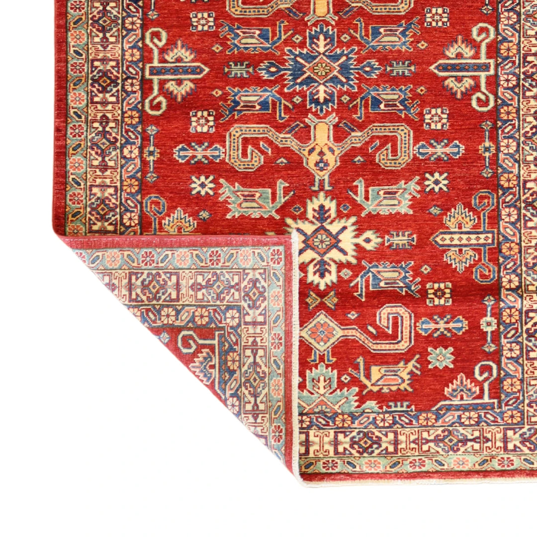 4'1" x 6'1" RED AND GREEN KAZAK GEOMETRIC PAKISTANI RUG