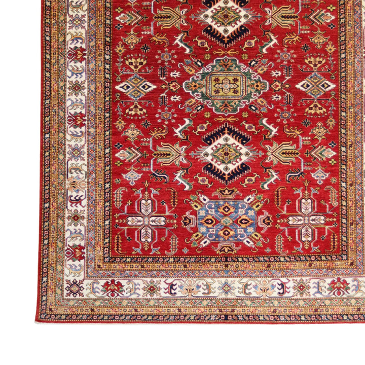 8' 1" x 10' 1" - RED AND BEIGE KAZAK GEOMETRIC PAKISTANI RUG