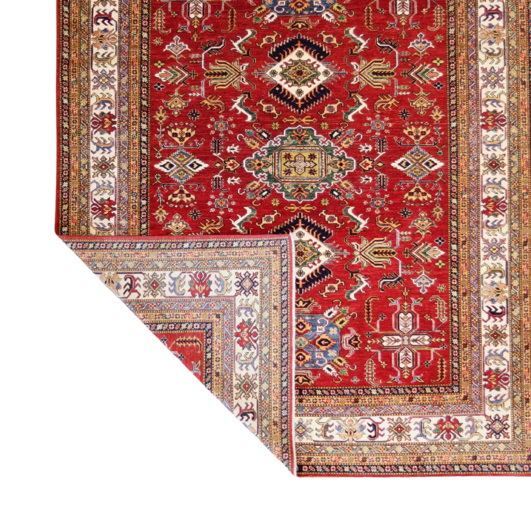 8' 1" x 10' 1" - RED AND BEIGE KAZAK GEOMETRIC PAKISTANI RUG