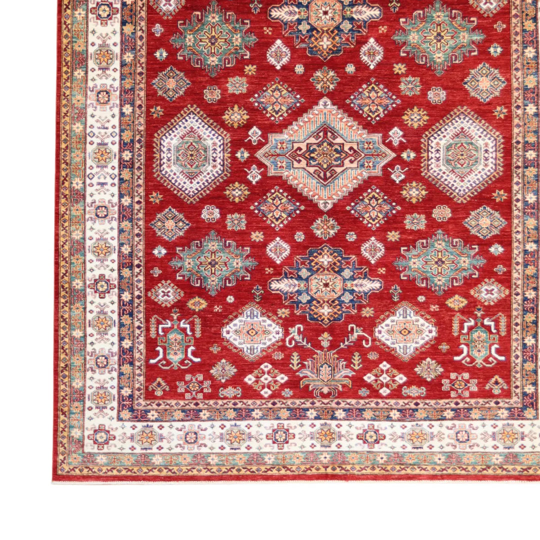8' 1" x 9' 11" - RED AND IVORY KAZAK GEOMETRIC PAKISTANI RUG