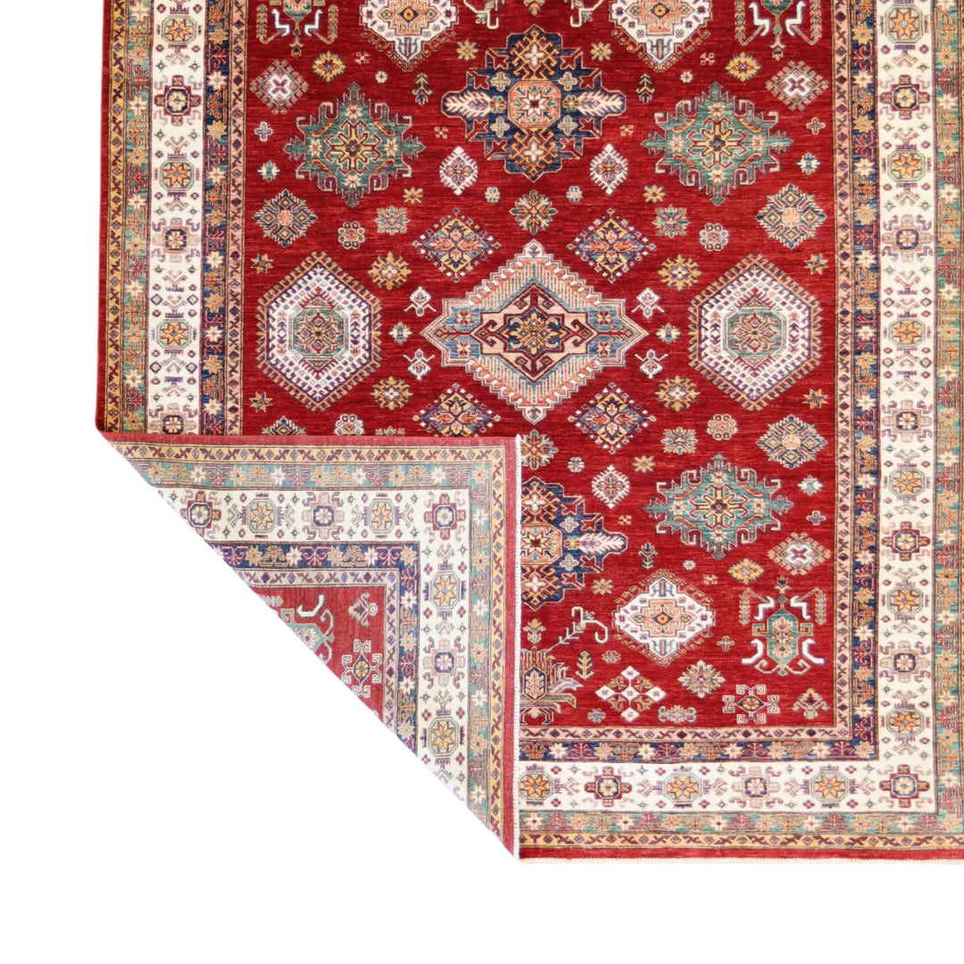 8' 1" x 9' 11" - RED AND IVORY KAZAK GEOMETRIC PAKISTANI RUG