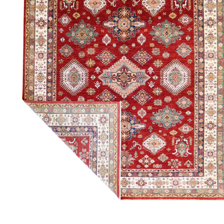 8' 1" x 9' 11" - RED AND IVORY KAZAK GEOMETRIC PAKISTANI RUG
