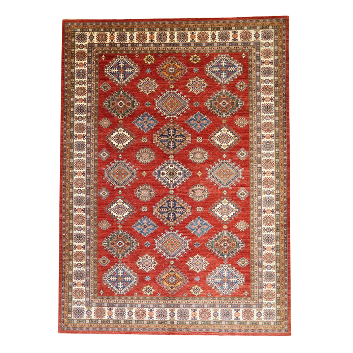 10'   3" x  14'   2" RED AND IVORY KAZAK GEOMETRIC PAKISTANI RUG