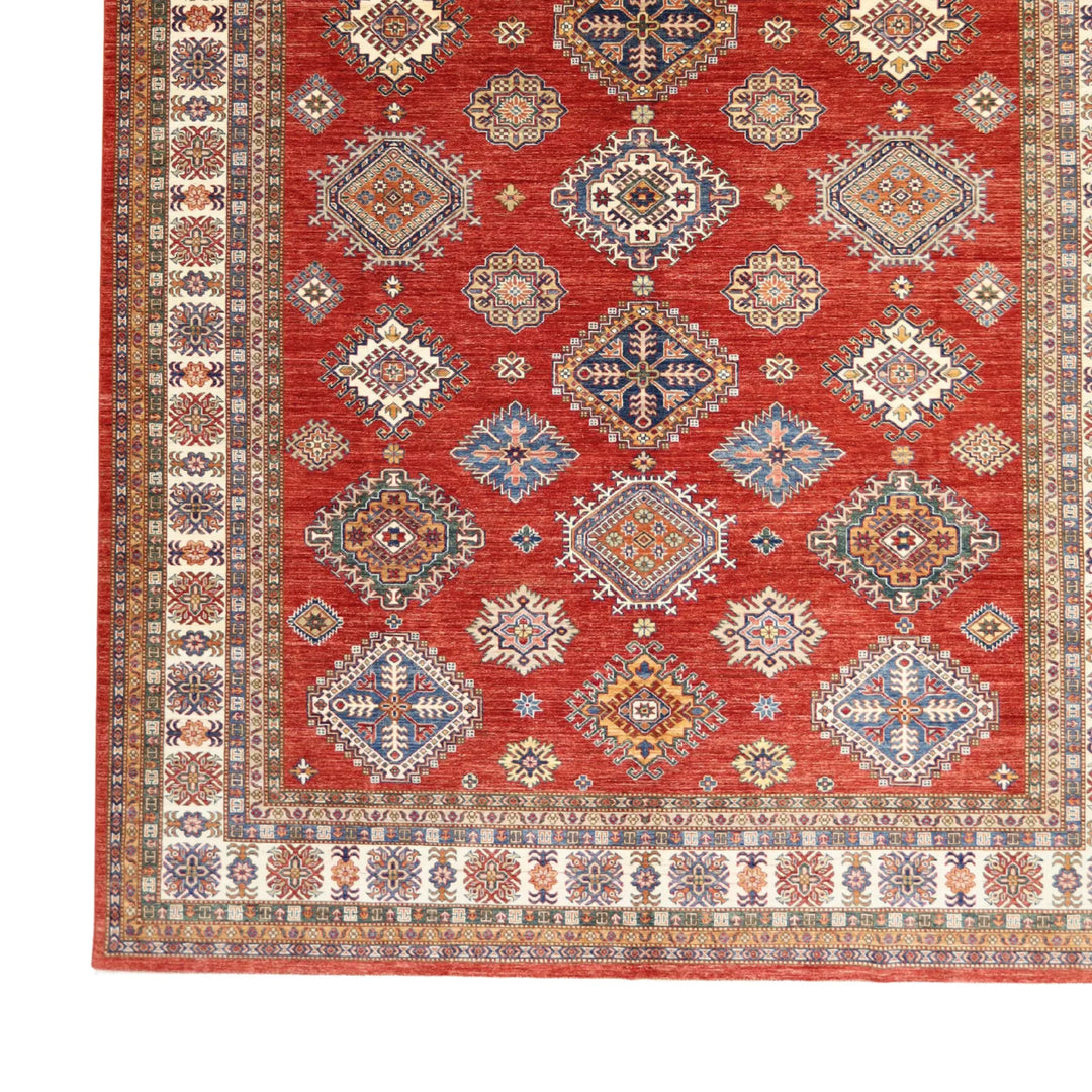 10'   3" x  14'   2" RED AND IVORY KAZAK GEOMETRIC PAKISTANI RUG