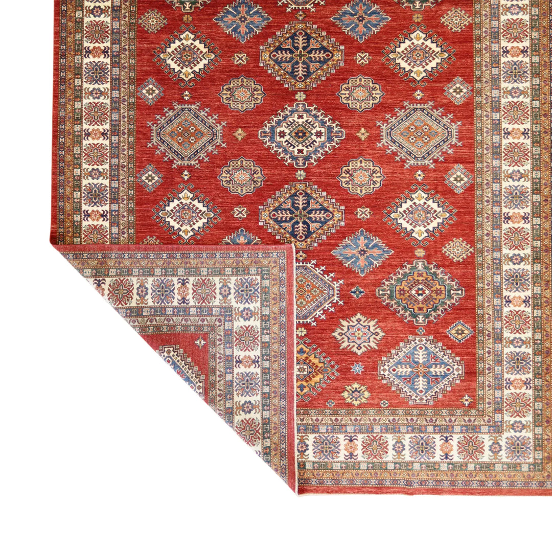 10'   3" x  14'   2" RED AND IVORY KAZAK GEOMETRIC PAKISTANI RUG