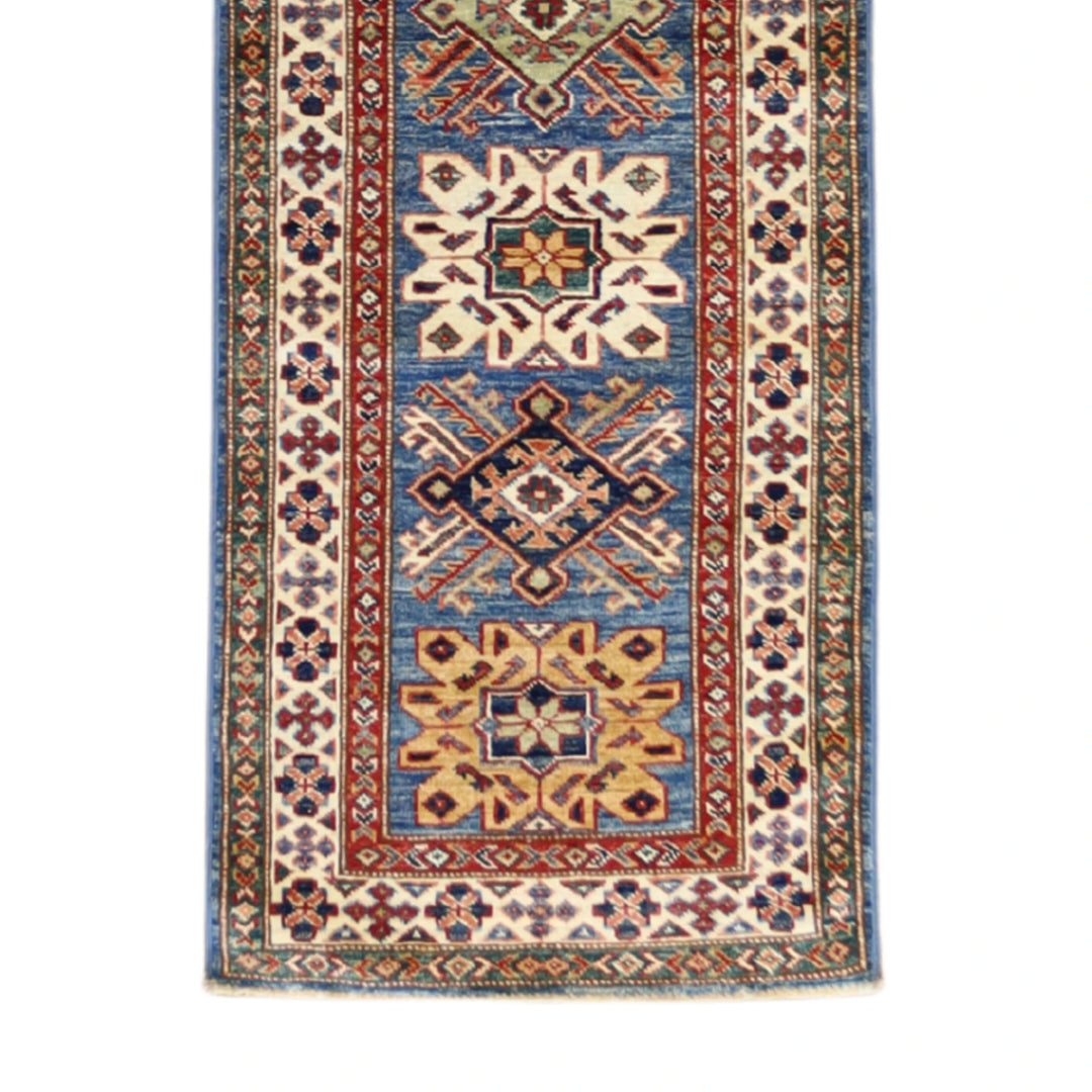 2'0" x 6'2" BLACK AND IVORY KAZAK GEOMETRIC PAKISTANI RUG