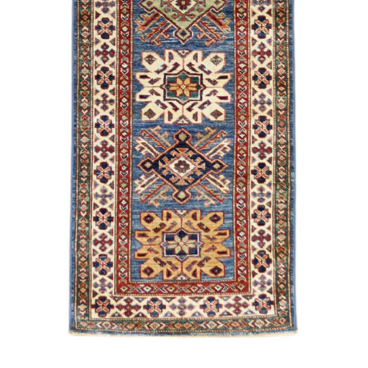 2'0" x 6'2" BLACK AND IVORY KAZAK GEOMETRIC PAKISTANI RUG