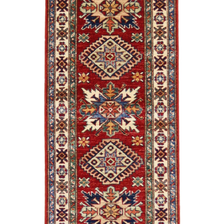 1'11" x 6'0" RED AND IVORY KAZAK GEOMETRIC PAKISTANI RUG
