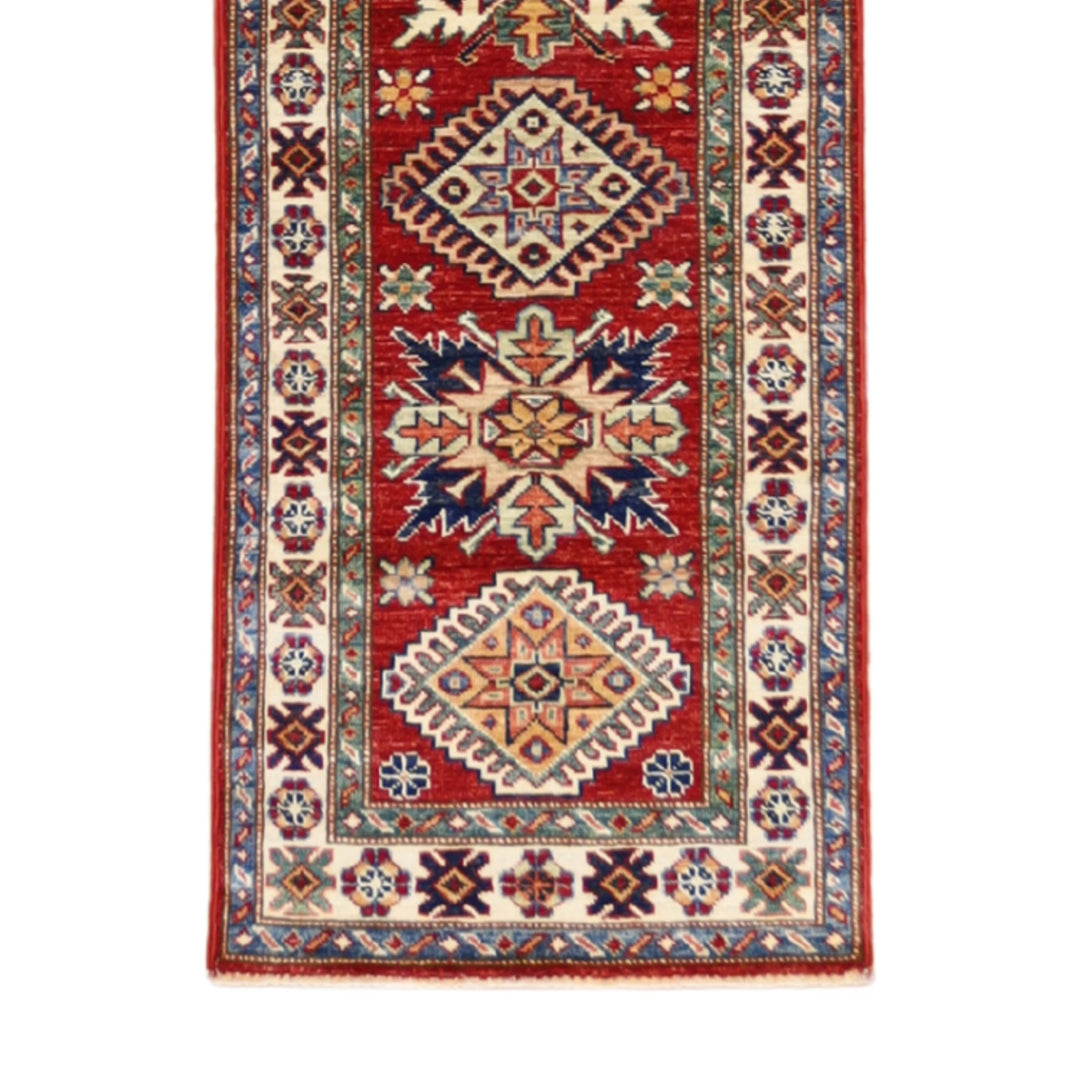 1'11" x 6'0" RED AND IVORY KAZAK GEOMETRIC PAKISTANI RUG