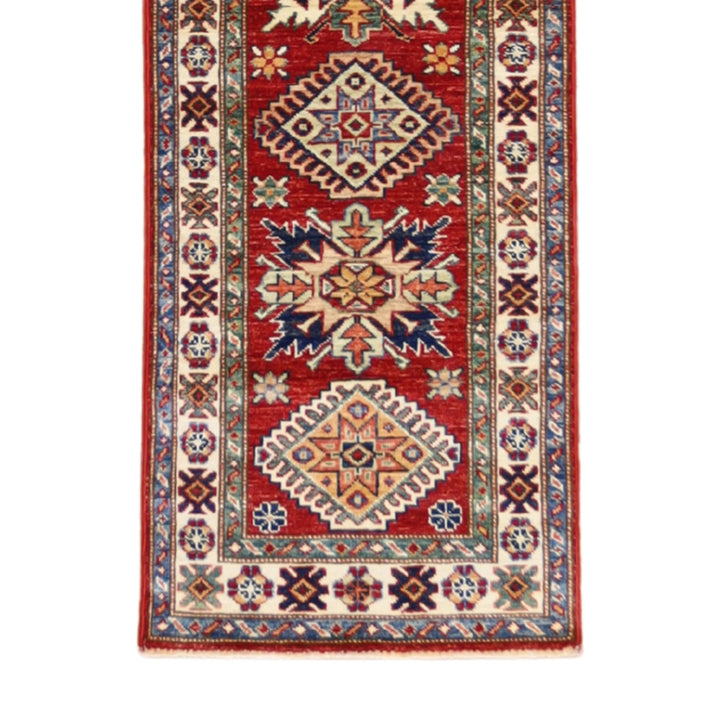 1'11" x 6'0" RED AND IVORY KAZAK GEOMETRIC PAKISTANI RUG
