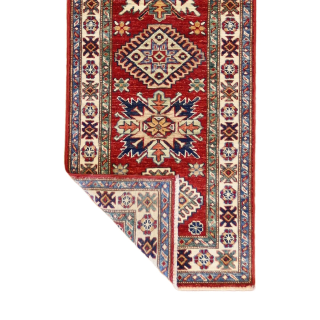 1'11" x 6'0" RED AND IVORY KAZAK GEOMETRIC PAKISTANI RUG