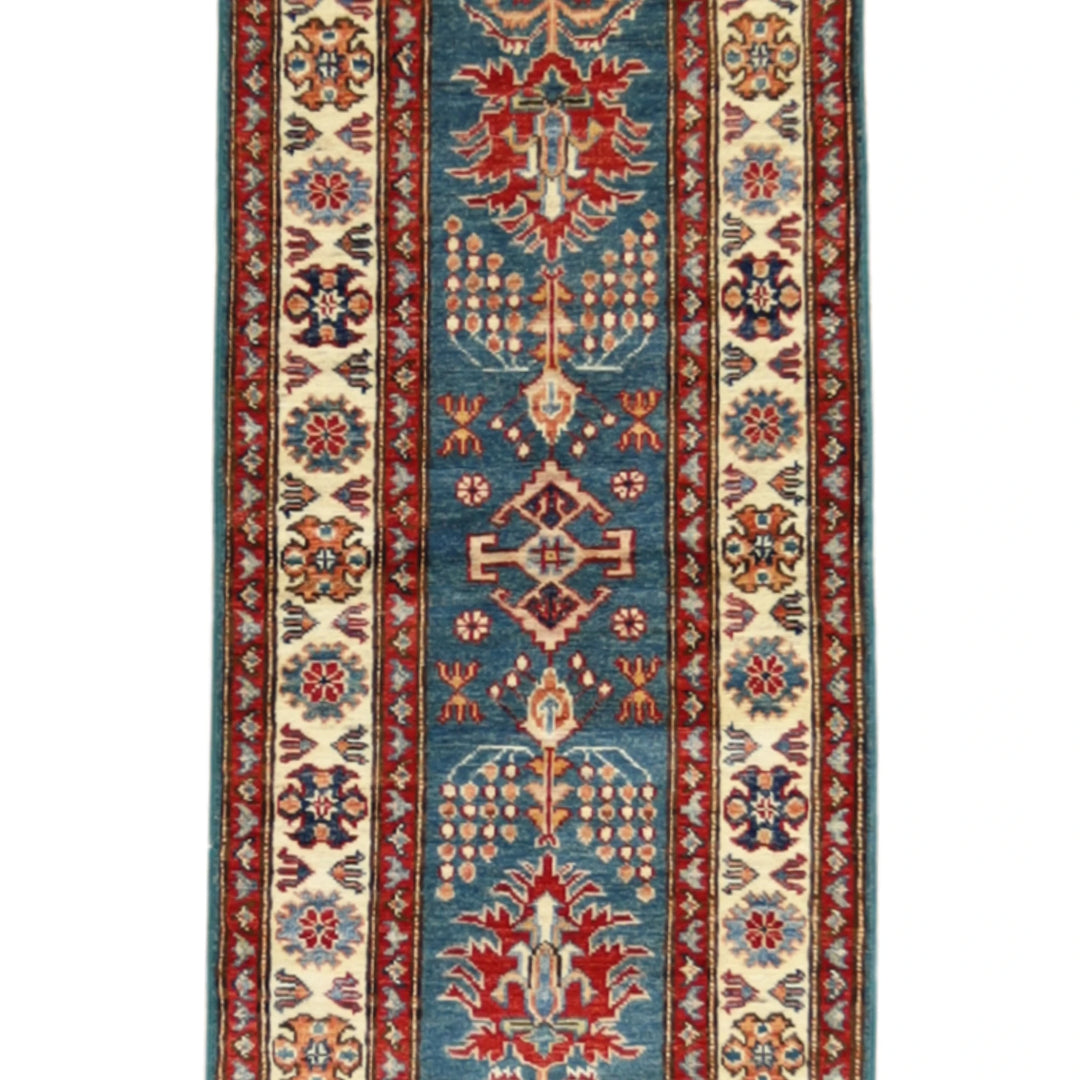 1'11" x 6'3" GREEN AND IVORY KAZAK GEOMETRIC PAKISTANI RUG