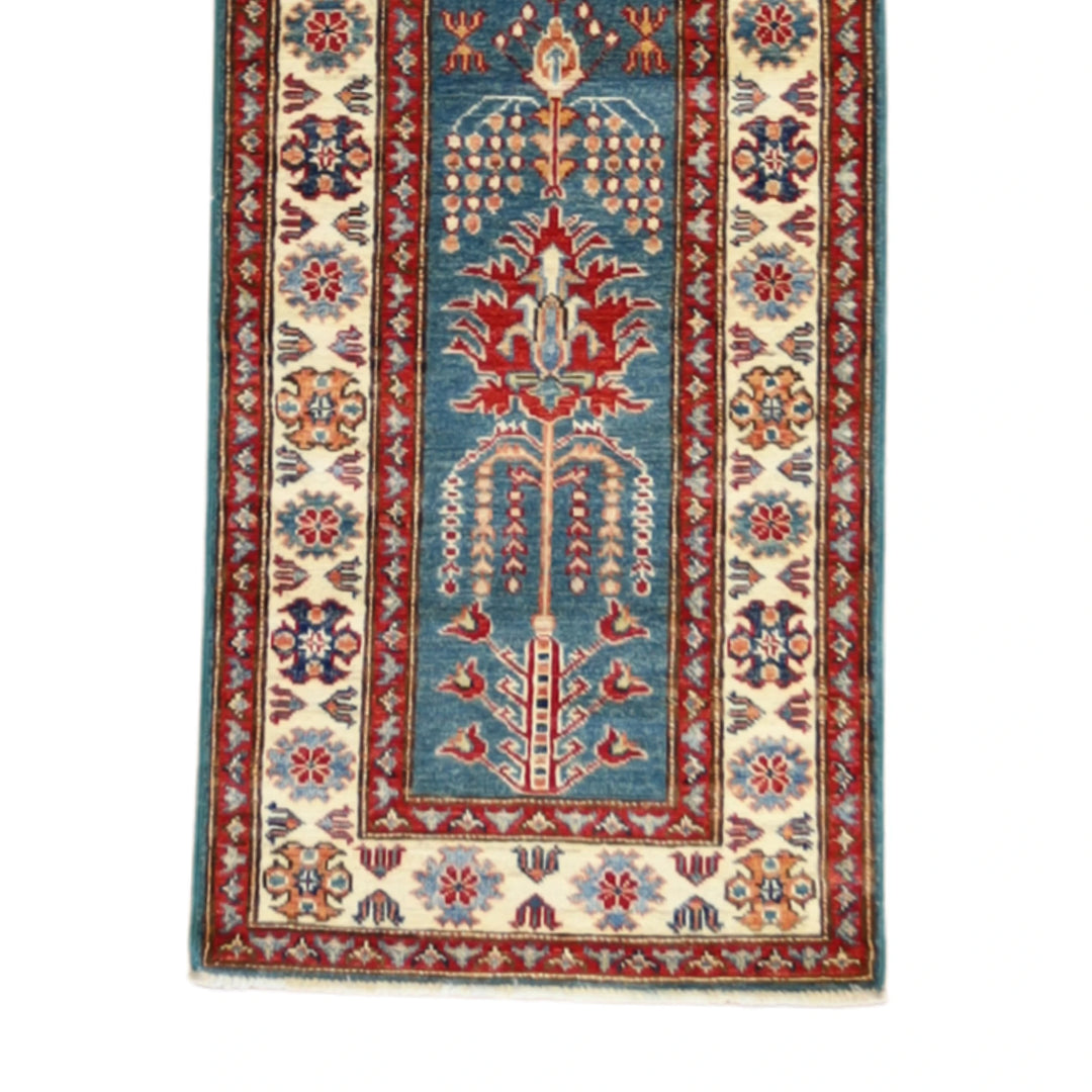 1'11" x 6'3" GREEN AND IVORY KAZAK GEOMETRIC PAKISTANI RUG