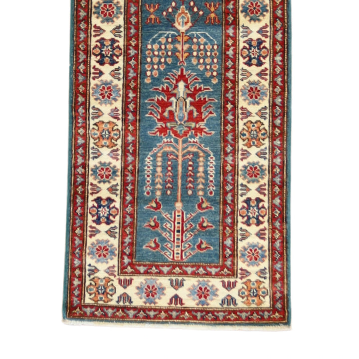 1'11" x 6'3" GREEN AND IVORY KAZAK GEOMETRIC PAKISTANI RUG