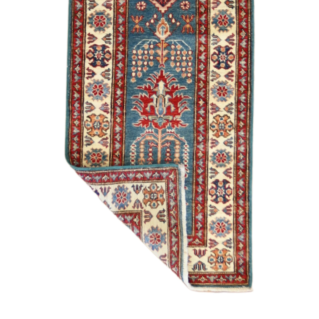 1'11" x 6'3" GREEN AND IVORY KAZAK GEOMETRIC PAKISTANI RUG
