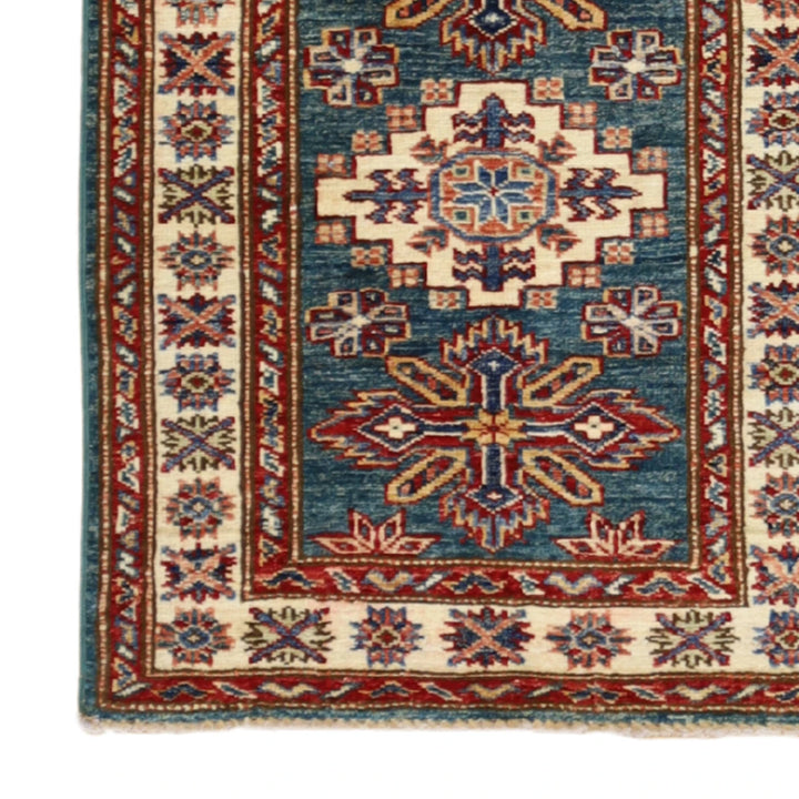 2'1" x 2'10" GREEN AND IVORY KAZAK GEOMETRIC PAKISTANI RUG