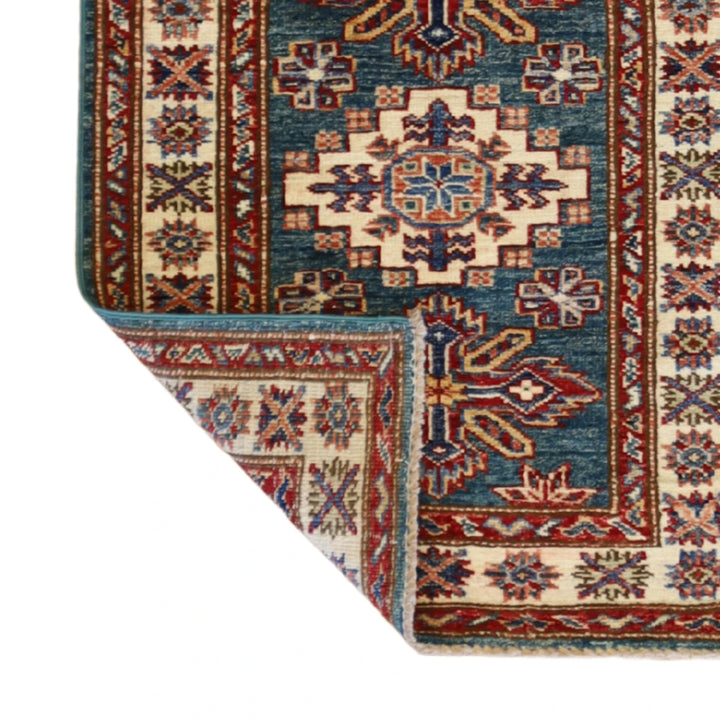 2'1" x 2'10" GREEN AND IVORY KAZAK GEOMETRIC PAKISTANI RUG