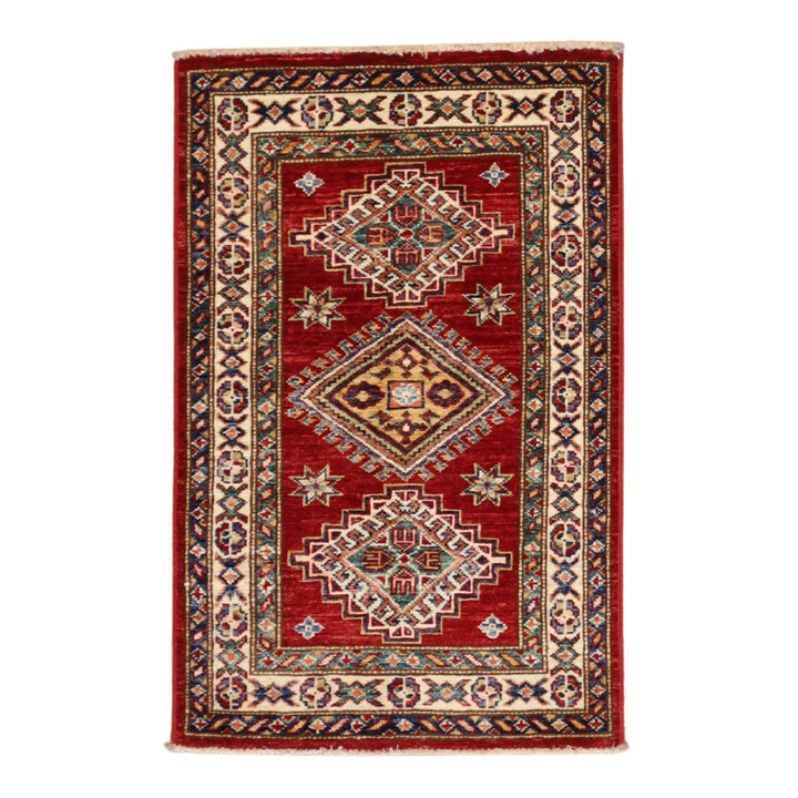 2'0" x 3'2" RED AND IVORY KAZAK GEOMETRIC PAKISTANI RUG