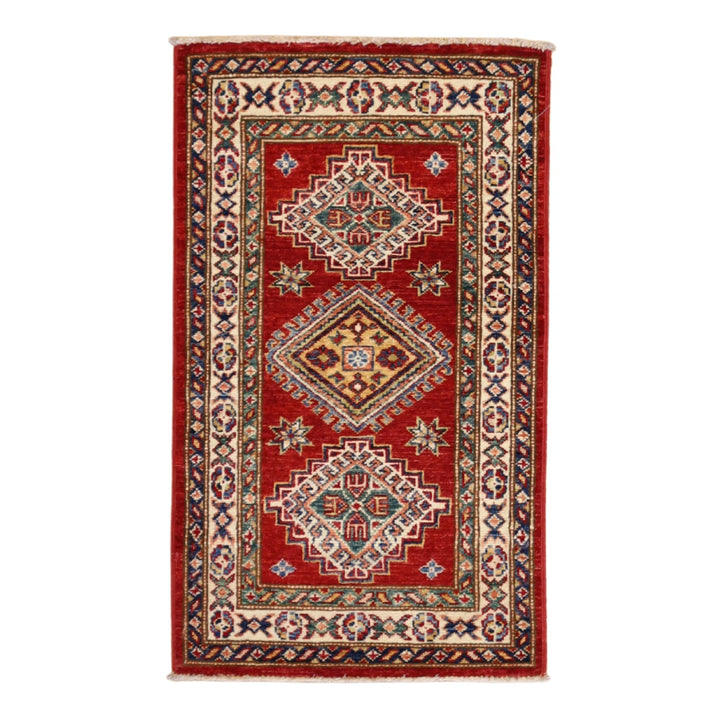 1'11" x 3'2" RED AND IVORY KAZAK GEOMETRIC PAKISTANI RUG