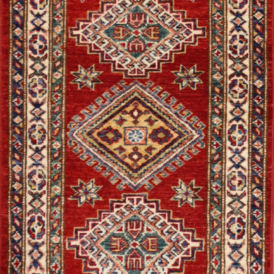 1'11" x 3'2" RED AND IVORY KAZAK GEOMETRIC PAKISTANI RUG