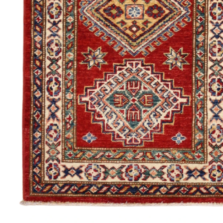 1'11" x 3'2" RED AND IVORY KAZAK GEOMETRIC PAKISTANI RUG