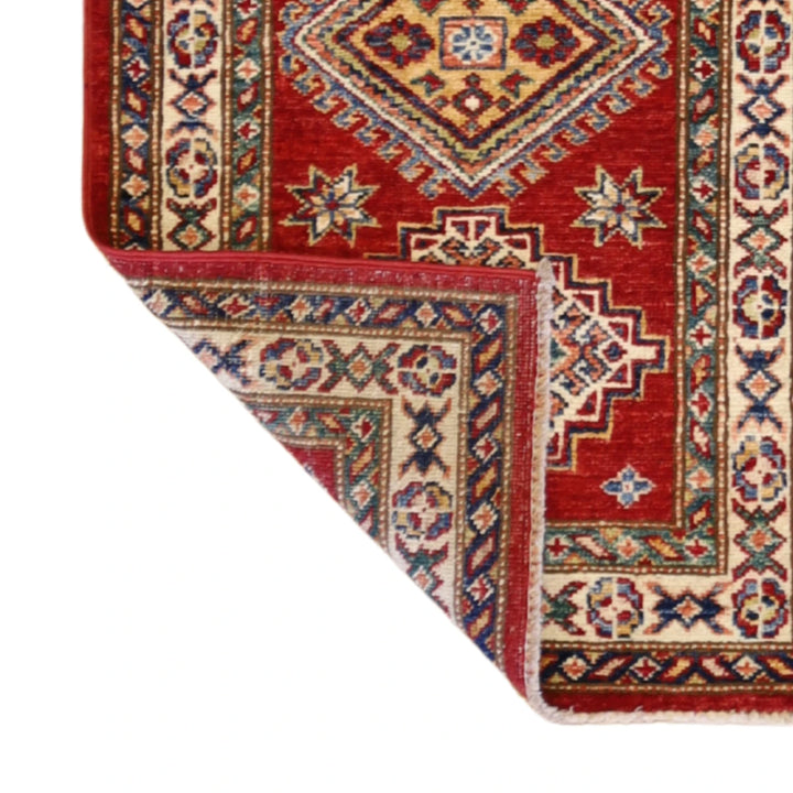 1'11" x 3'2" RED AND IVORY KAZAK GEOMETRIC PAKISTANI RUG