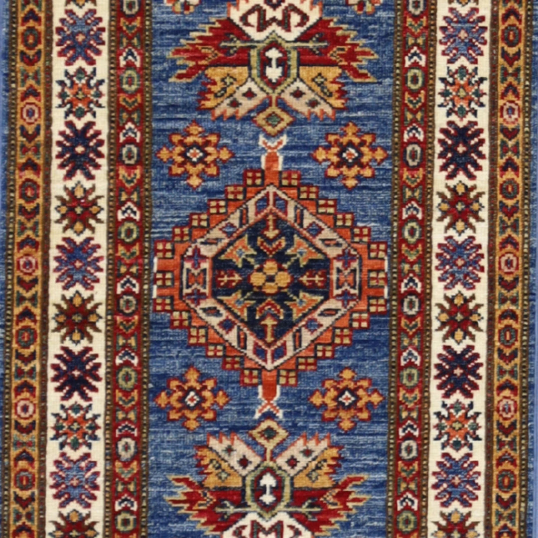 1'11" x 3'2" BLUE AND IVORY KAZAK GEOMETRIC PAKISTANI RUG
