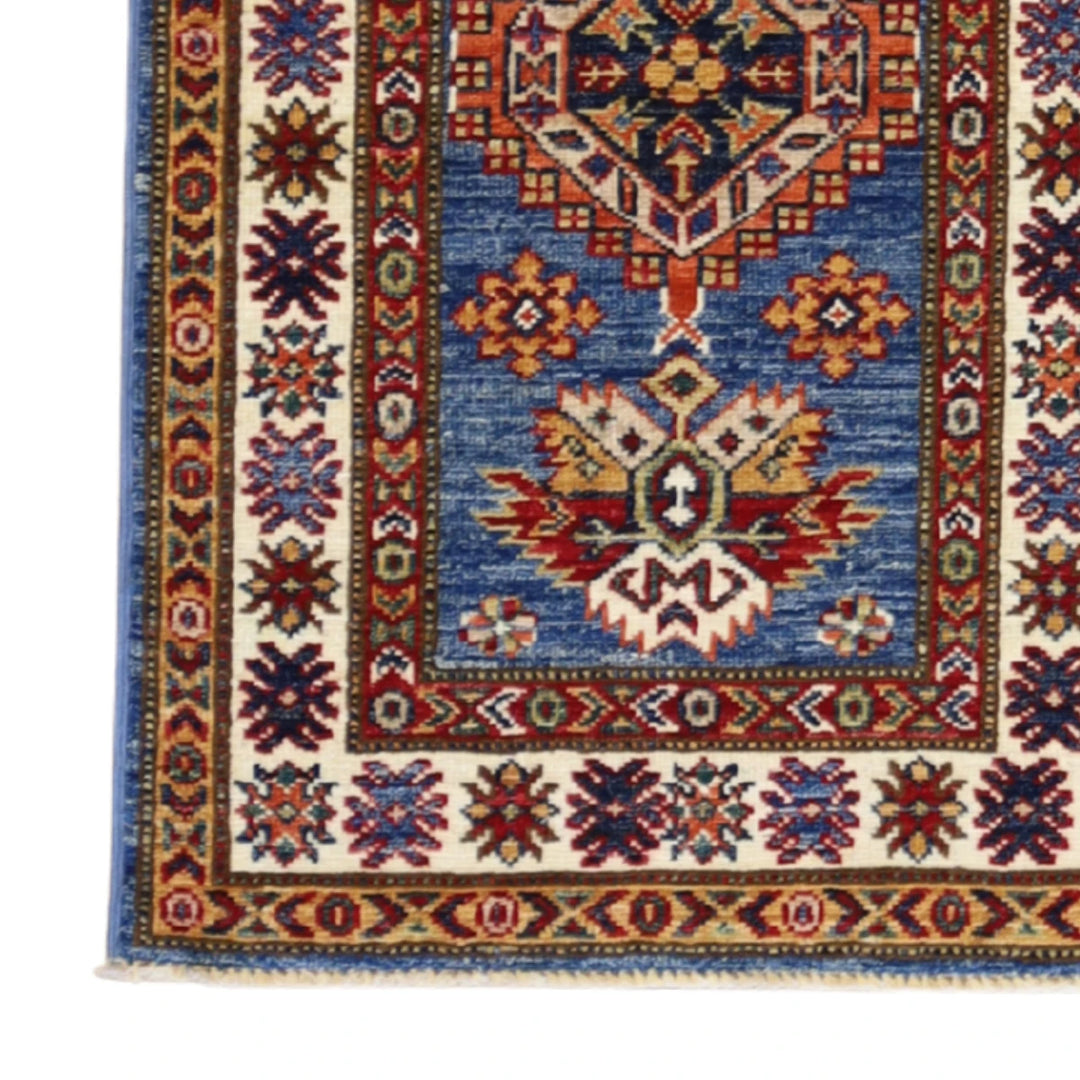 1'11" x 3'2" BLUE AND IVORY KAZAK GEOMETRIC PAKISTANI RUG