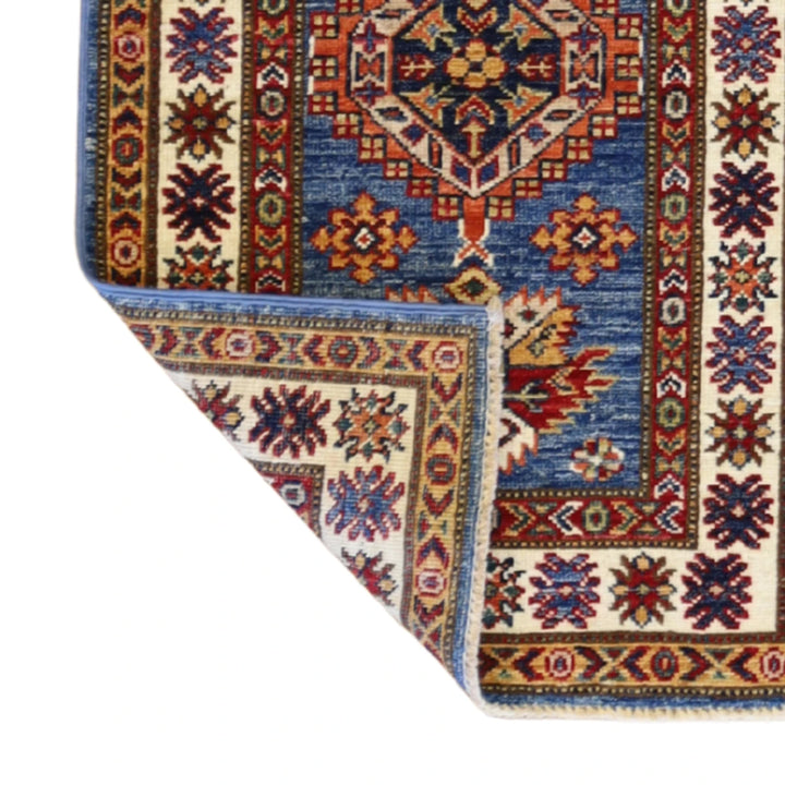 1'11" x 3'2" BLUE AND IVORY KAZAK GEOMETRIC PAKISTANI RUG