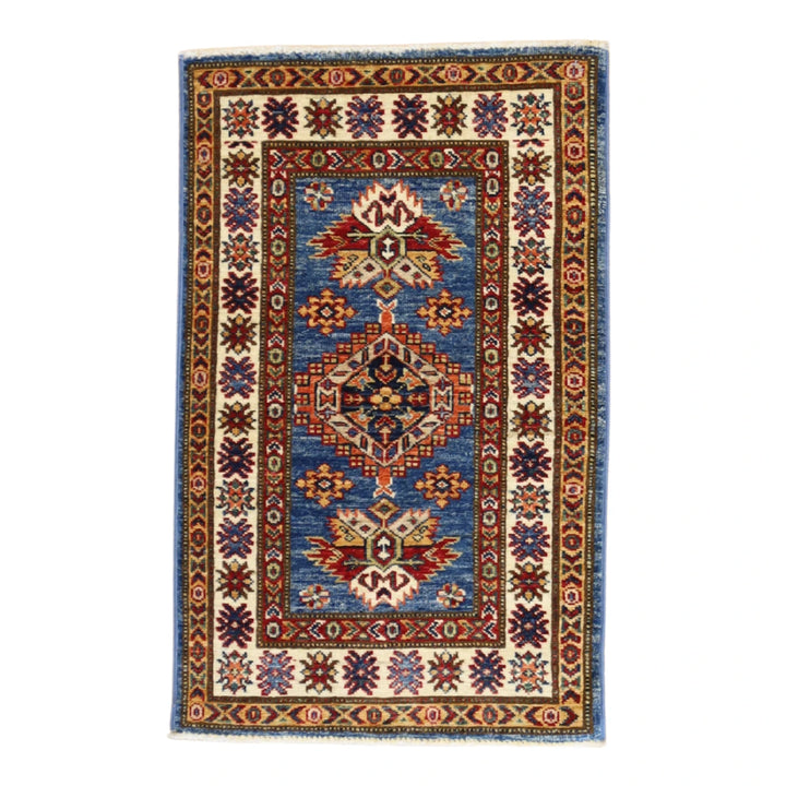 1'11" x 3'1" BLUE AND IVORY KAZAK GEOMETRIC PAKISTANI RUG