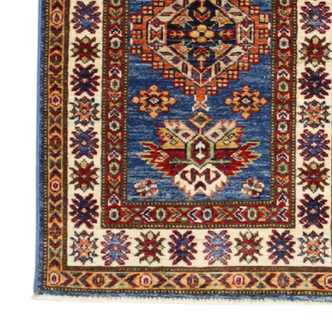 1'11" x 3'1" BLUE AND IVORY KAZAK GEOMETRIC PAKISTANI RUG