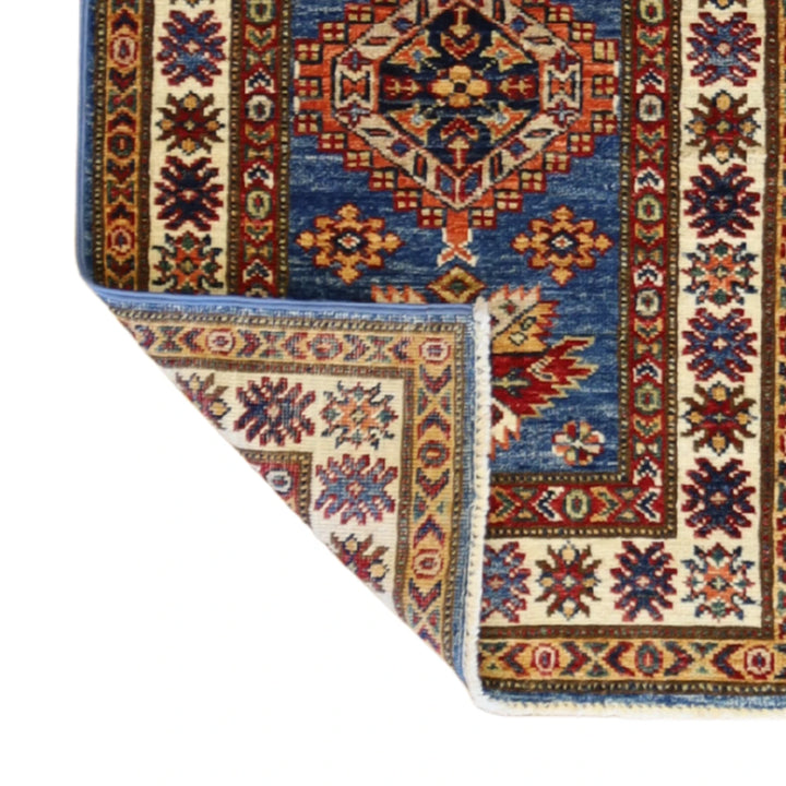 1'11" x 3'1" BLUE AND IVORY KAZAK GEOMETRIC PAKISTANI RUG