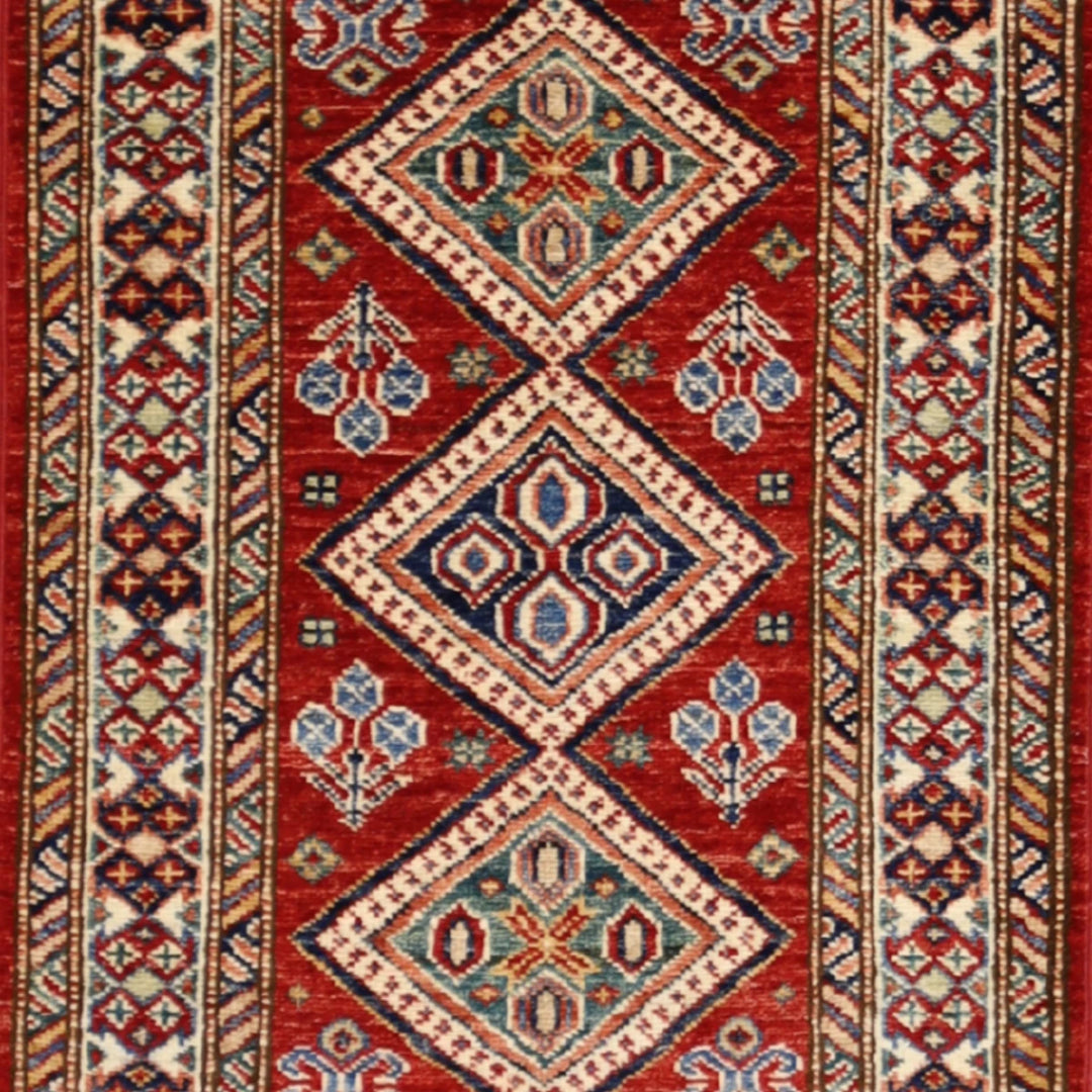 2'0" x 3'0" RED AND IVORY KAZAK GEOMETRIC PAKISTANI RUG