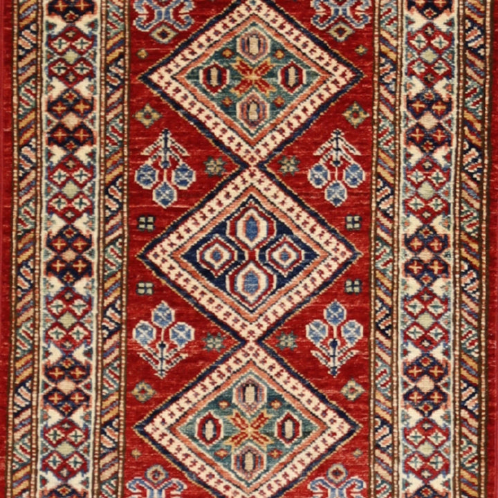 2'0" x 3'0" RED AND IVORY KAZAK GEOMETRIC PAKISTANI RUG