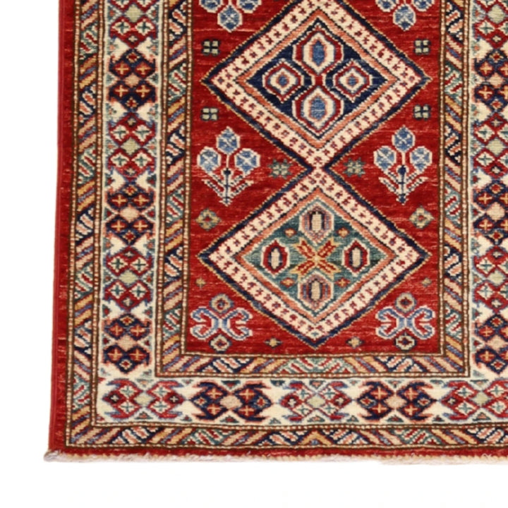 2'0" x 3'0" RED AND IVORY KAZAK GEOMETRIC PAKISTANI RUG