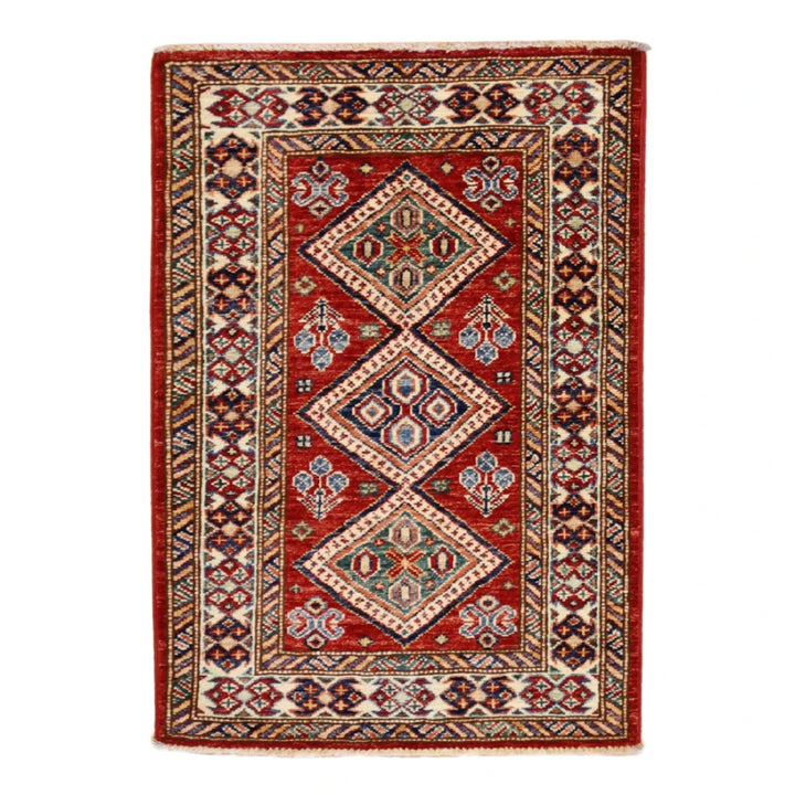 2'1" x 3'0" RED AND IVORY KAZAK GEOMETRIC PAKISTANI RUG