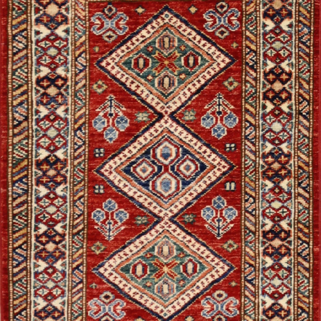 2'1" x 3'0" RED AND IVORY KAZAK GEOMETRIC PAKISTANI RUG