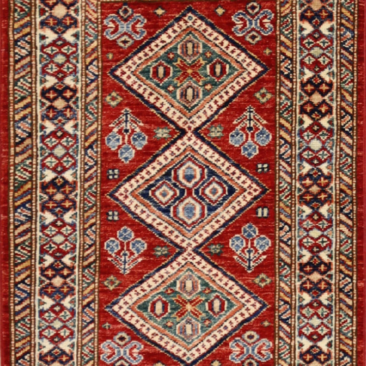 2'1" x 3'0" RED AND IVORY KAZAK GEOMETRIC PAKISTANI RUG