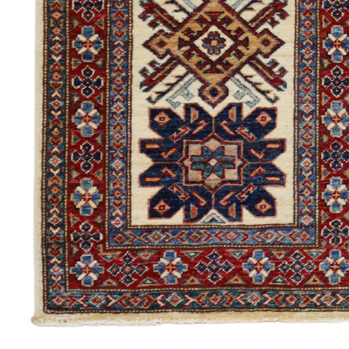 1'11" x 3'0" IVORY AND RED KAZAK GEOMETRIC PAKISTANI RUG