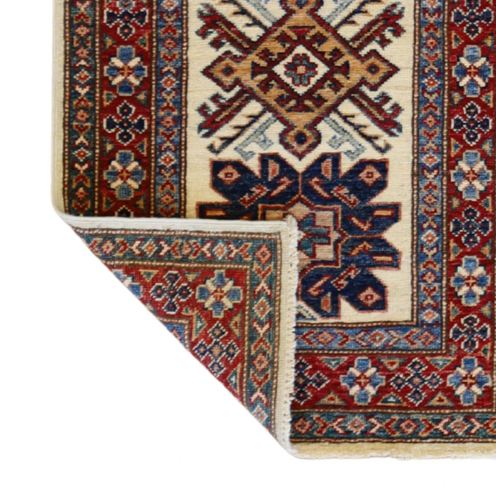 1'11" x 3'0" IVORY AND RED KAZAK GEOMETRIC PAKISTANI RUG
