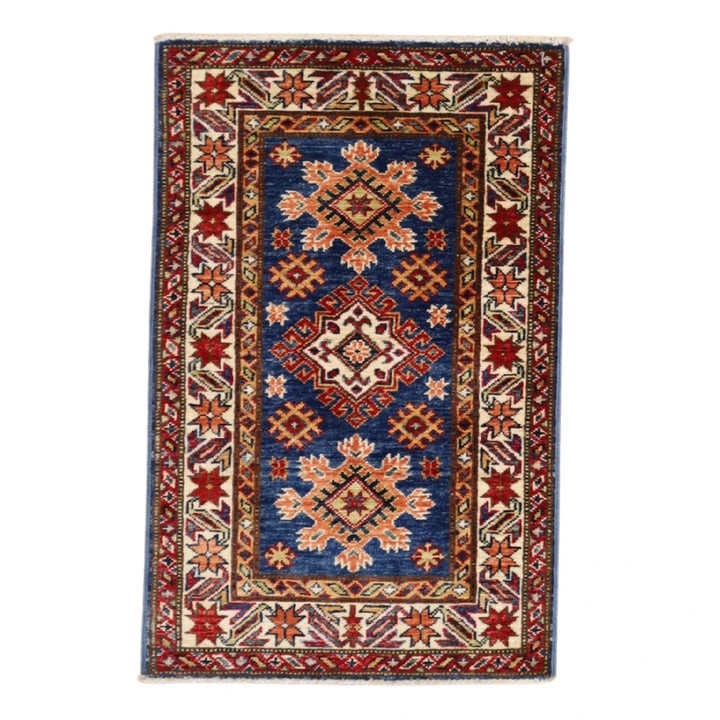 2'0" x 3'0" BLUE AND IVORY KAZAK GEOMETRIC PAKISTANI RUG
