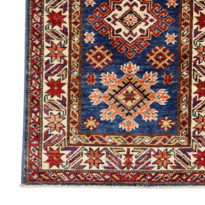 2'0" x 3'0" BLUE AND IVORY KAZAK GEOMETRIC PAKISTANI RUG