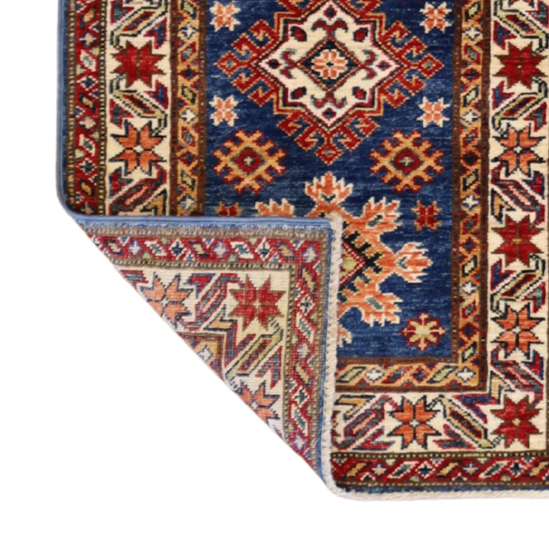 2'0" x 3'0" BLUE AND IVORY KAZAK GEOMETRIC PAKISTANI RUG